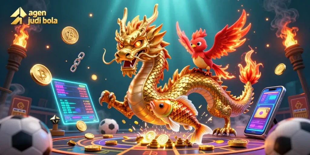 Engage in agen judi bola with vibrant visuals of a golden dragon, phoenix, and koi amidst sports betting elements.