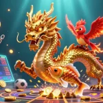 Engage in agen judi bola with vibrant visuals of a golden dragon, phoenix, and koi amidst sports betting elements.