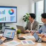 Dynamic team collaborating on business energy comparison UK 2026 in modern office setting with data analysis.