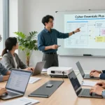 IT professionals discussing cyber essentials plus cost in a modern office.
