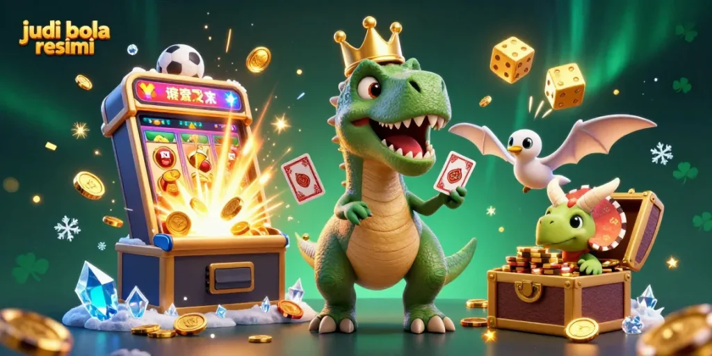 Engage in judi bola resmi as cartoon dinosaurs play cards and stack chips in a vibrant casino setting.