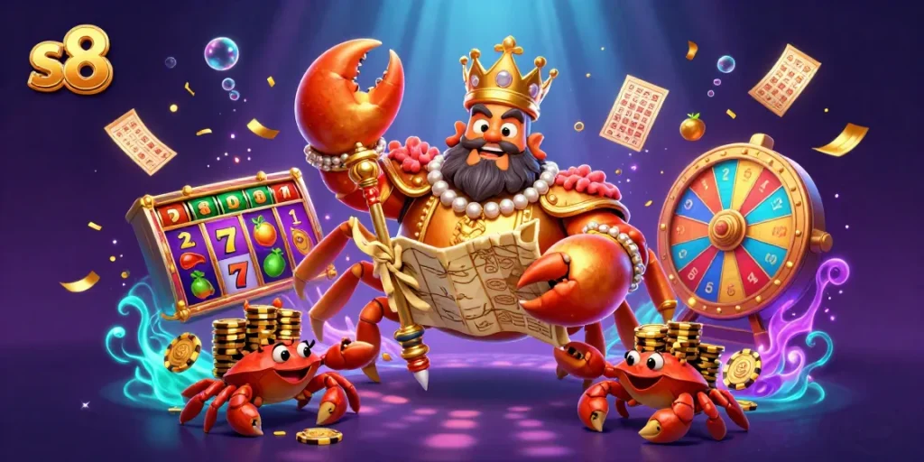 S8 casino scene with a golden crab emperor and slot game elements bringing luck to players.