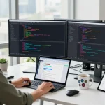 Software engineer at a modern workspace with dual monitors and coding tools, representing telegraimin.com