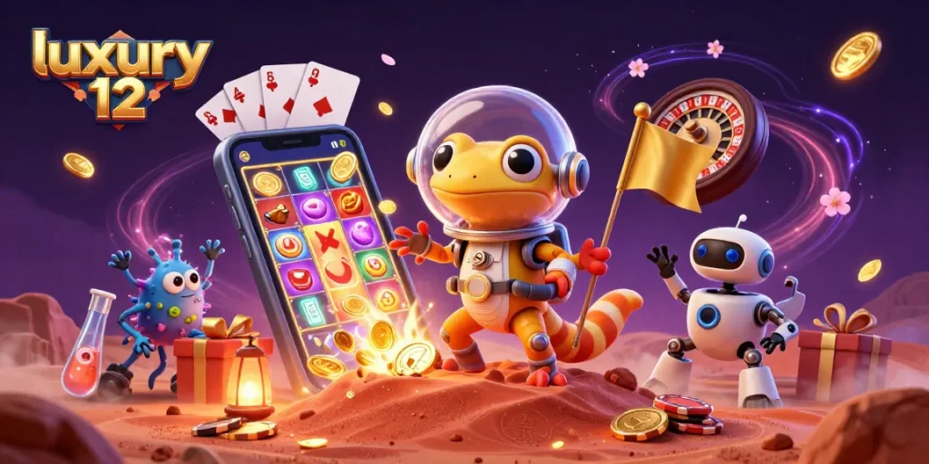 Experience luxury 12 in a vibrant casino scene with a Martian gecko and immersive elements.