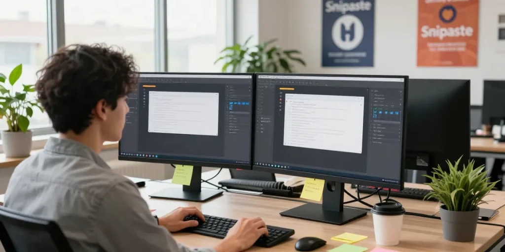 Snipaste下载 in an efficient tech workspace setup showcasing dual monitors and a developer using screenshot tools