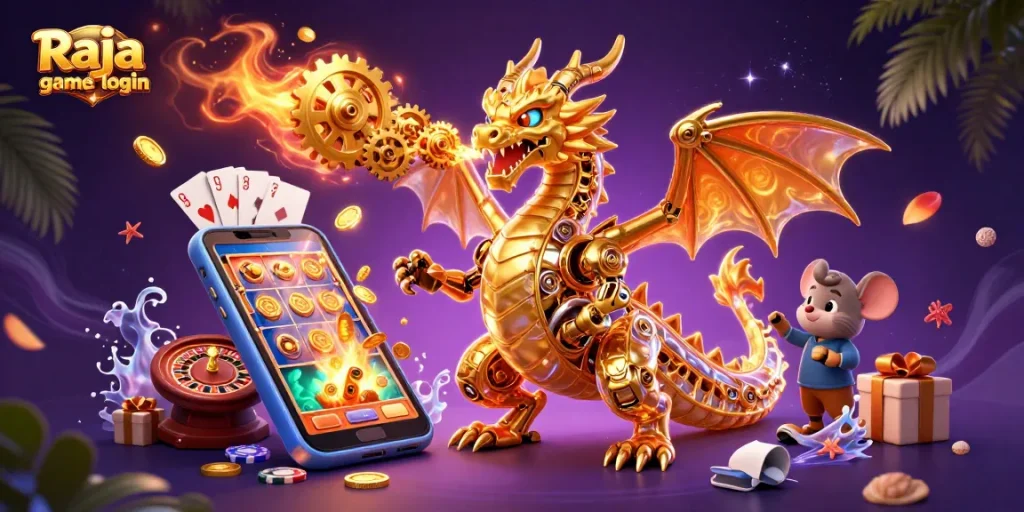 Join the excitement with Raja game login, featuring a golden dragon amidst vibrant casino elements.