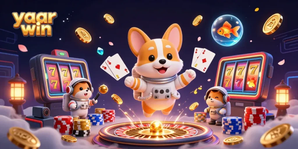 Play the thrilling slots at yaar win with a vibrant space casino scene featuring a floating corgi and vibrant game elements.