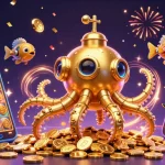 Slot gacor yang menampilkan kraken emas dan elemen permainan slot yang menarik.
