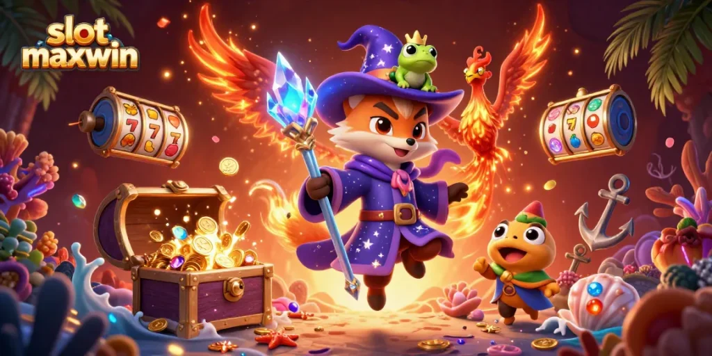 Experience thrilling slot maxwin action with a whimsical wizard fox and phoenix in a vibrant casino scene.