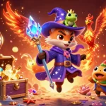 Experience thrilling slot maxwin action with a whimsical wizard fox and phoenix in a vibrant casino scene.