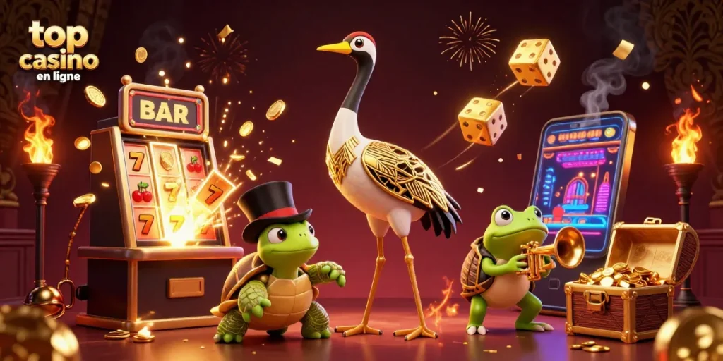 Découvrez le top casino en ligne à travers une illustration 3D riche en détails, avec un crâne et des jeux en arrière-plan.