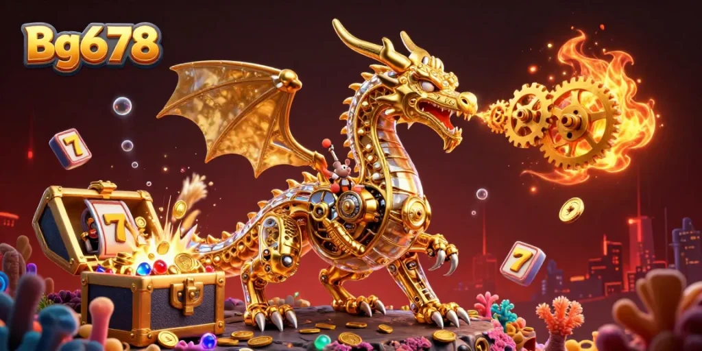 Win big with Bg678 as the golden dragon breathes gears amidst exploding treasure and slot reels.