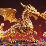 Win big with Bg678 as the golden dragon breathes gears amidst exploding treasure and slot reels.
