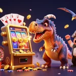 SHBET COM showcases a vibrant 3D scene of a dinosaur winning jackpot coins at a casino.