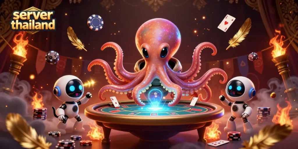 Engage with thrilling poker action at server thailand, featuring an alien octopus in a dynamic scene.