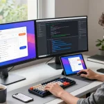 Young developer focused on creating 纸飞机中文版 app interface in a modern workspace