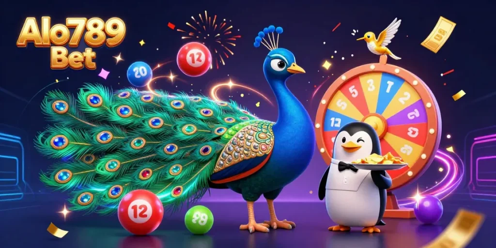 Alo789 Bet showcases an extravagant casino scene with a peacock, penguin butler, and lottery elements.
