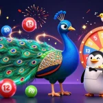 Alo789 Bet showcases an extravagant casino scene with a peacock, penguin butler, and lottery elements.