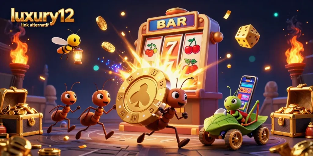 Engage with luxury12 link alternatif through a heist scene of ants carrying a massive golden poker chip amidst vibrant casino elements.