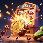 Engage with luxury12 link alternatif through a heist scene of ants carrying a massive golden poker chip amidst vibrant casino elements.