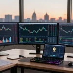 Stockton Rush net worth visualization in a crypto trading workspace with Bitcoin charts and digital wallet.