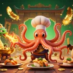 Experience the vibrant mpo500 login scene with a sushi chef octopus and a dragon amid golden casino elements.
