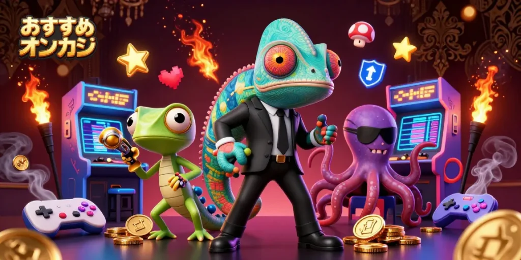おすすめオンカジで楽しくゲームをプレイする3Dイラスト、カラフルなスロット要素とともに