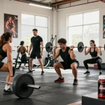 Engaged athletes at a gym showcasing Astera Steroids Shop products amid an energetic workout atmosphere.