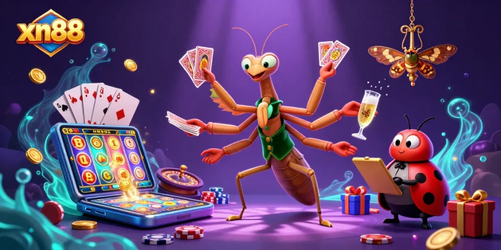 Experience thrilling gameplay with xn88 as a giant mantis card sharp and ladybug pit boss engage in vibrant casino action.