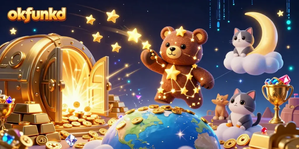 Experience the thrill of winning at okfunkd with vibrant 3D casino elements featuring a celestial bear and treasures.