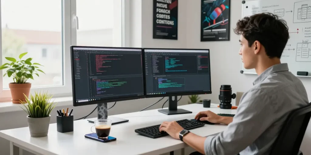 Dynamic workspace for software development featuring a developer at their desk with coding applications on dual monitors, showcasing teiegramin.com.