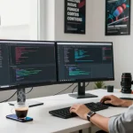 Dynamic workspace for software development featuring a developer at their desk with coding applications on dual monitors, showcasing teiegramin.com.