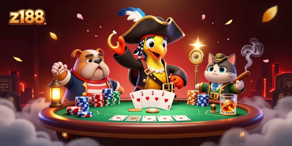 Engage with z188's thrilling casino experience featuring a lively 3D pirate scene.