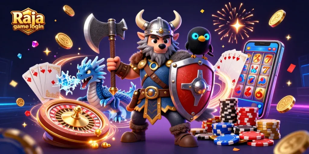 Engage with Raja game login featuring exciting 3D characters and casino elements in a dynamic scene.
