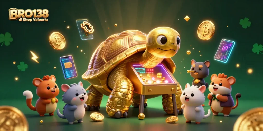 Engage with thrilling slot experiences at BRO138 di Shop Velouria featuring vibrant game elements and golden tortoises.