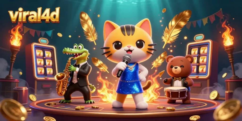 Menggali potensi viral4d dengan petualangan kasino gaya kartun, menampilkan kucing penyanyi jazz, buaya pemegang saksofon, dan beruang bermain drum.