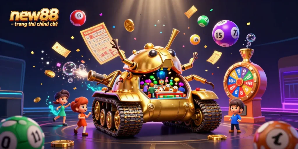 Experience the excitement of new88 - trang chủ chính thức with a golden beetle tank casino bursting with lottery balls, confetti, and prizes.