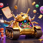 Experience the excitement of new88 - trang chủ chính thức with a golden beetle tank casino bursting with lottery balls, confetti, and prizes.