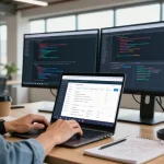 Programmer analyzing LLG link indexing data in modern office