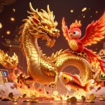 Toto123 slot showcases a golden dragon, fiery phoenix, and koi fish, set in a vibrant casino atmosphere.