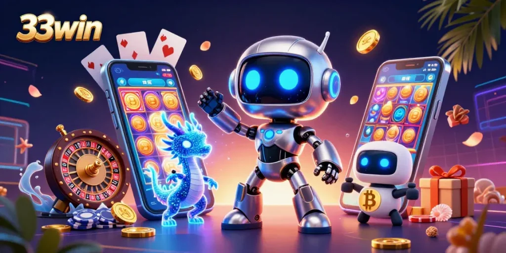 Experience thrilling gameplay at 33win with colorful slot games and unique characters in a vibrant casino atmosphere.