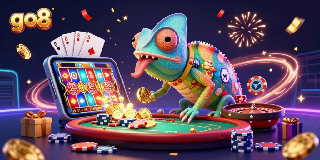 Catch the action at go8 with a chameleon casino owner amidst golden coins and exciting games.