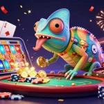 Catch the action at go8 with a chameleon casino owner amidst golden coins and exciting games.