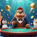 Engage with iwinclub's underwater casino scene featuring a walrus, penguin dealer, and a bluffing pufferfish.