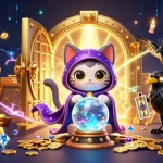 Experience the magic of hit club chính thức with a mystical cat and tarot raven amidst dazzling casino treasures.