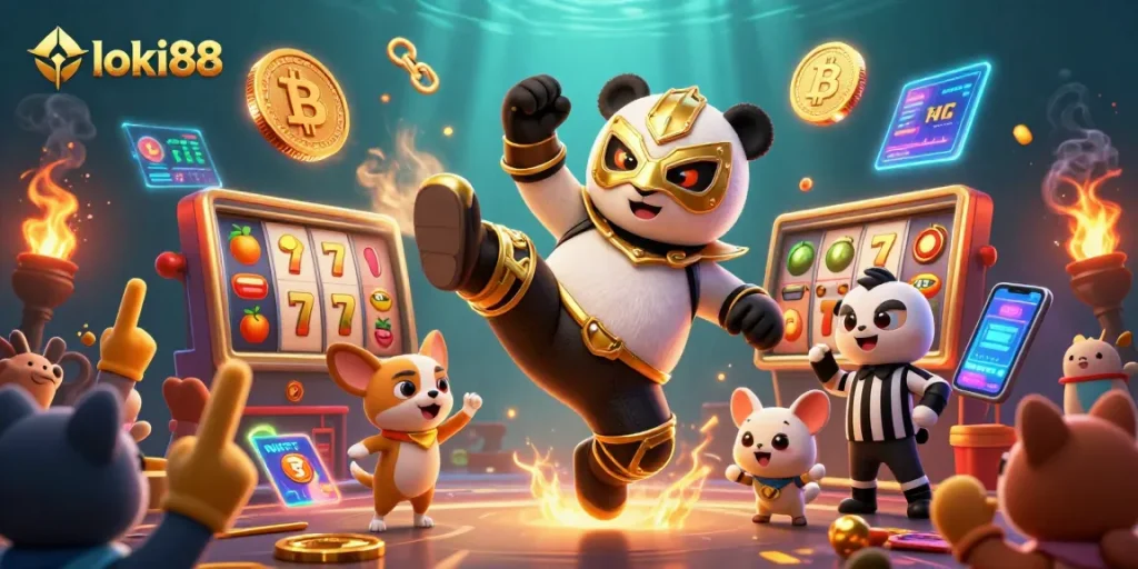 Experience the excitement of loki88 with a dynamic 3D cartoon scene featuring animals and casino elements.