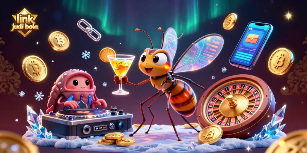 Engage in link judi bola with vibrant casino characters in a detailed 3D scene featuring a golden roulette wheel.