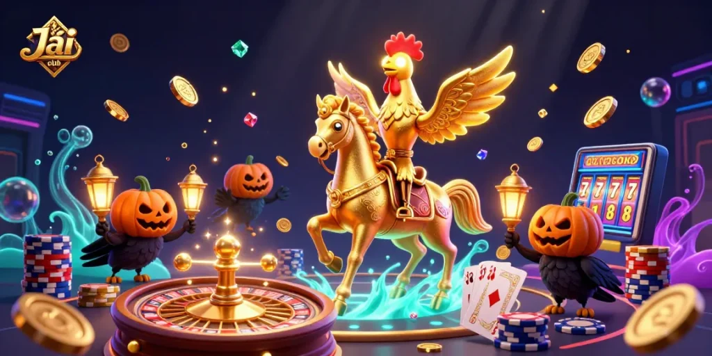 Win big at Jai club with the golden rooster in a dazzling midnight casino scene