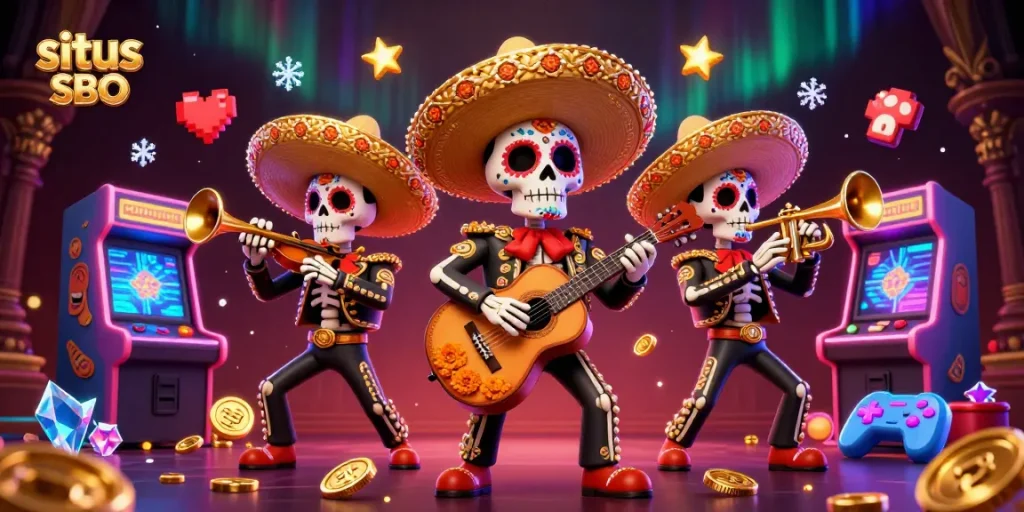 Engage in thrilling betting with situs login SBO featuring vibrant mariachi characters and gaming elements.