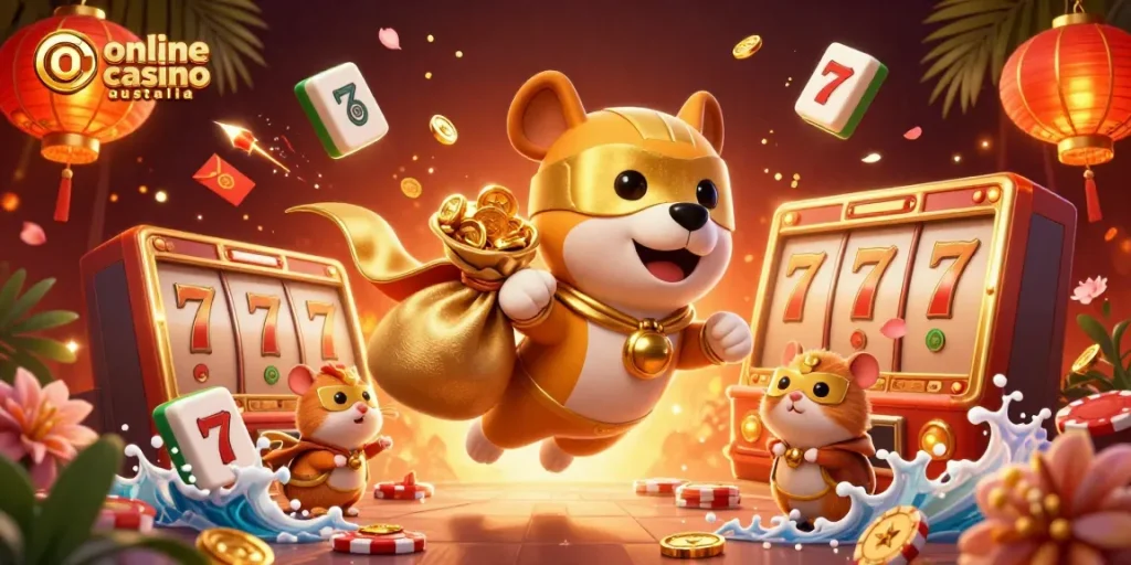 Experience the excitement of online casino Australia through a vibrant 3D illustration of a superhero dog and hamster.